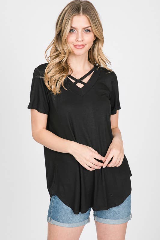 Black CRISSCROSS NECK SOLID TOP
