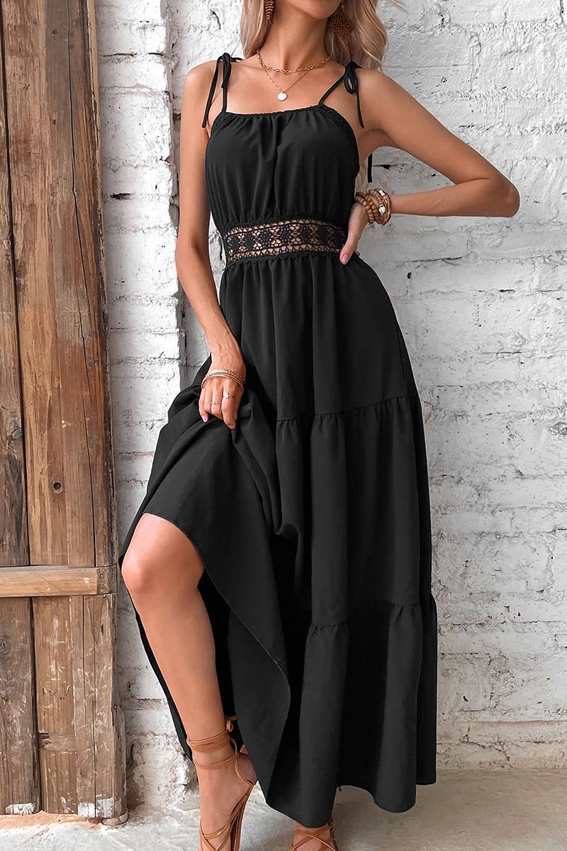 SPAGHETTI STRAP LACE WAIST MAXI DRESS