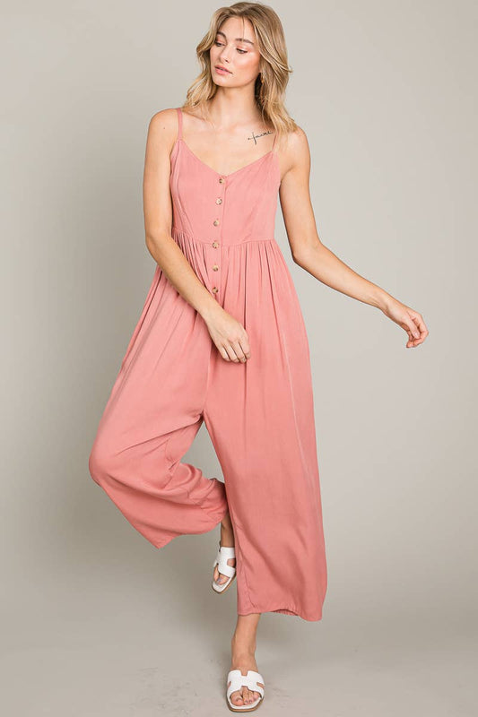 WIDE-LEG BUTTON-DOWN ROMPER WITH POCKETS